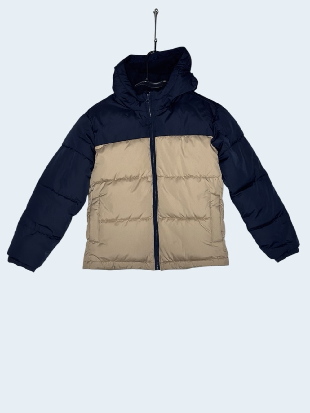 Old Navy Boys M 8 Puffer Jacket Hooded Blue Tan Colorblock Winter Coat - Picture 4 of 11